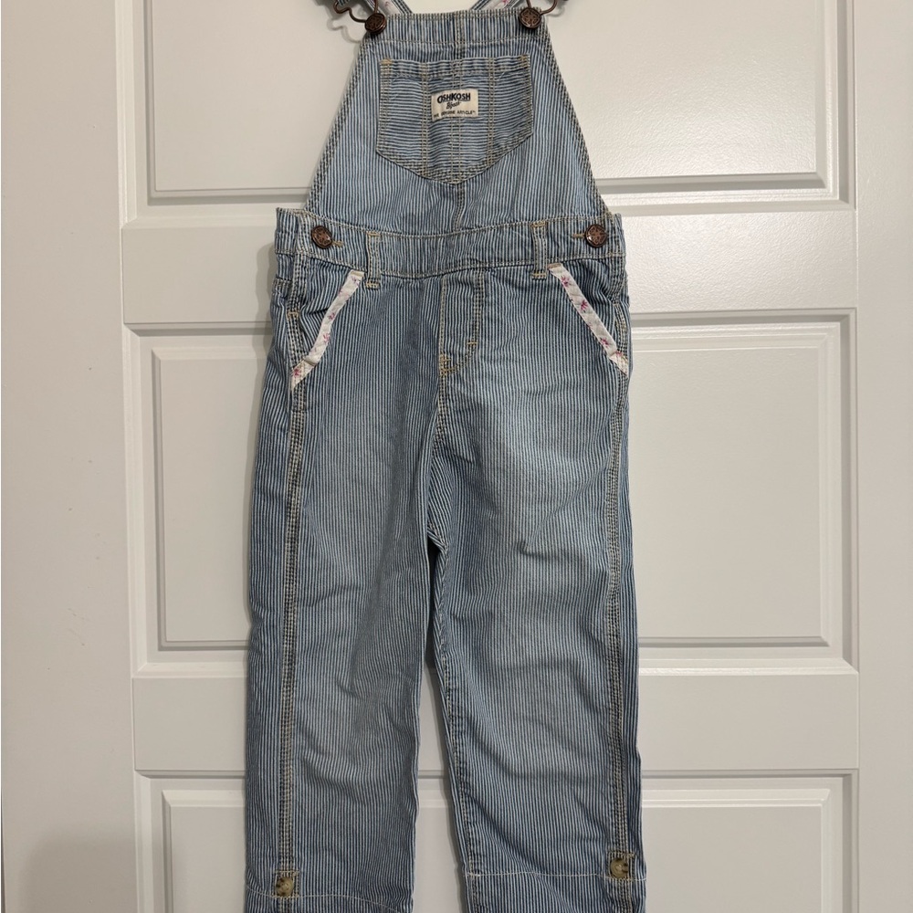 Oshkosh Girls Toddler Overalls 4T 100% Cotton Blue Stripe Flip Bottom Flowers